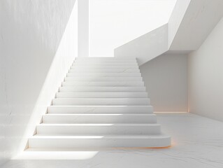 Naklejka premium A sleek, modern staircase in a minimalistic white space, illuminated by soft lighting, creating a serene and elegant atmosphere.