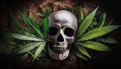 skull and cannabis leaves in grungy abstract