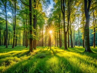 Obraz premium Lush Green Forest Landscape: Serene Nature Scene with Abundant Trees and Grass