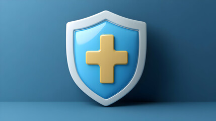 Obraz premium Blue Shield with Golden Cross Symbolizing Protection Healthcare and Security on a Smooth Background in 3D Render