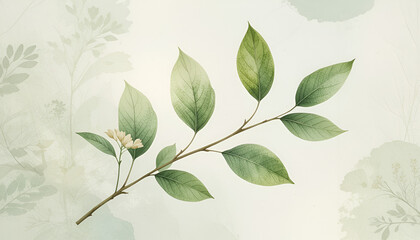 Delicate Green Leaf Branch with Flowers Illustration