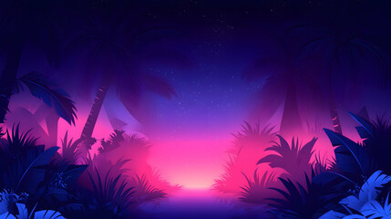 Night scene of vibrant tropical foliage under a purple and pink sky Lush vegetation with palm trees creates a tranquil