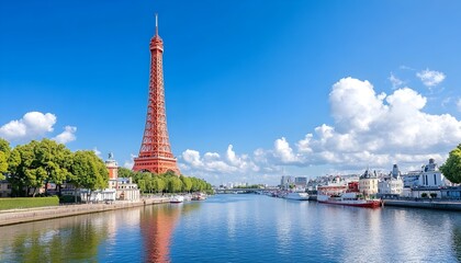 Fototapeta premium A red tower stands tall over a calm river with boats and blue sky