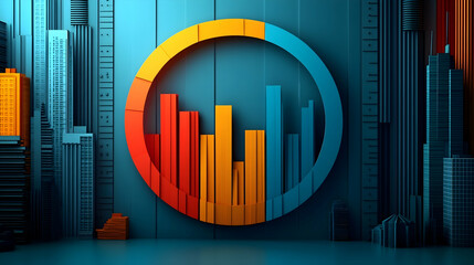 Obraz premium Abstract city skyline with integrated circular graph showcasing data visualization