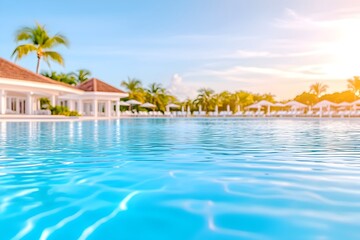Obraz premium A close-up view of a sparkling blue swimming pool with a resort in the background