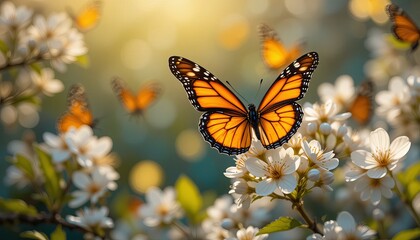 Monarch butterflies fluttering among delicate white blossoms in a sunlit garden scene