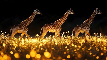 Obraz premium Three giraffes walk across a field of glowing flowers at night