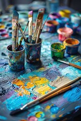 Fototapeta premium A vibrant artist's workspace featuring colorful paint pots, brushes, and thick, textured paint on a palette, showcasing creativity and artistic expression.