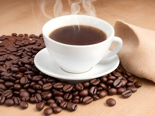 Fototapeta premium A steaming cup of rich dark coffee, nestled amongst a scattering of roasted beans, inviting warmth and comfort on a tranquil morning.
