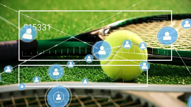 Flat design tennis ball on racket strings showing data panels with floating user icons