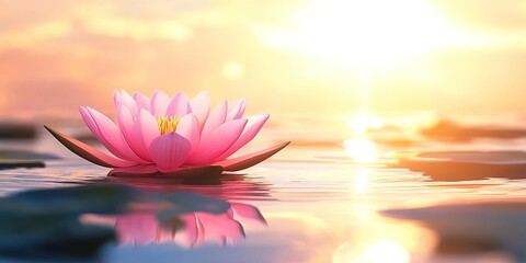 Pink lotus flower floating on calm water with golden sunset halo.