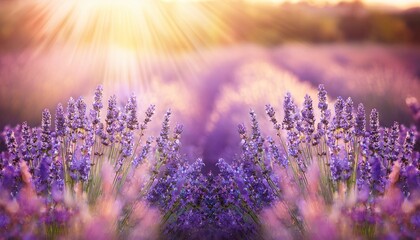 Naklejka premium soft focus on beautiful lavender and sun rays sunbeams