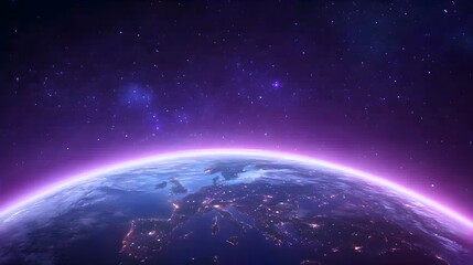 Earth's horizon illuminated with a purple glow against a backdrop of twinkling stars