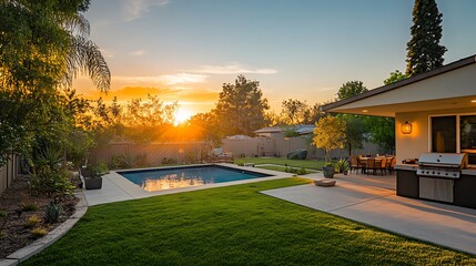 Sunset view of a modern home backyard with pool and patio.