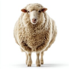 Fototapeta premium A fluffy sheep stands upright, showcasing its woolly coat against a plain background, exuding a calm and friendly demeanor.