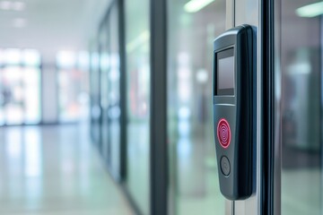 Security access control system at a modern building entrance during daylight hours