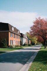 serene suburban street bathed in morning light showcasing row of cozy brick houses and blooming trees