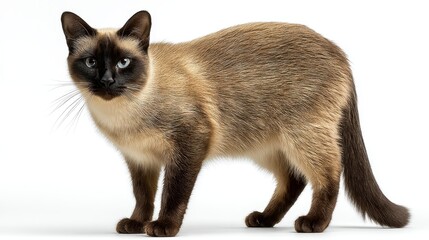 Obraz premium A Siamese cat with striking blue eyes stands gracefully, showcasing its unique coat pattern and sleek body.