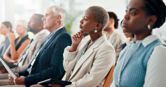 Listening, conference and business woman in audience for seminar schedule, economic forum and meeting. Finance workshop, market research report and tradeshow event with people at convention expo