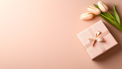 Pink gift box with ribbon and three tulips on a light pink background