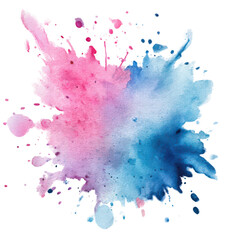 Watercolor paint splash, pink and blue gradient ink blot, artistic splatter texture, isolated on transparent background, high-resolution PNG for digital design, prints, and creative projects.