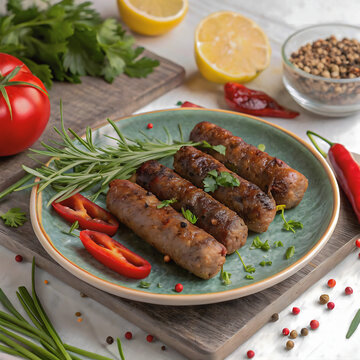 Chevapchichi meat sausages, semi-finished meat products, hearty lunch, meat dishes