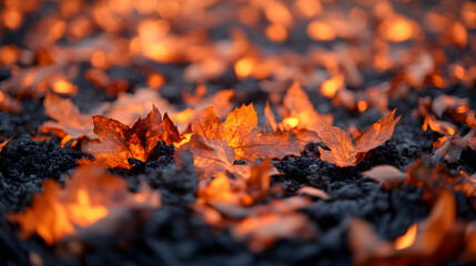 Glowing autumn leaves scattered on dark ground