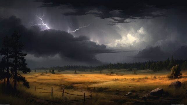 Lightning storm over a grassy field with dark clouds at sunset. Dark stormy cloud over green field with glowing lighting. Dramatic weather landscape. Landscape image. Climate change concept. AIG51.