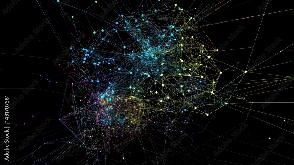 Poster abstract digital network with interconnected nodes and lines on a black background. glowing vibrant 