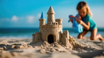 A carefree child building a sandcastle on a sunny beach with a bright blue bucket, showcasing the joy of summer play
