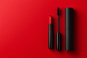 Vibrant red lipstick and mascara on bold red backdrop create a striking beauty display