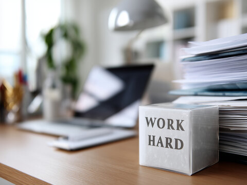 Motivational quote " work hard" on a working desk with stacks of document and laptop, motivates individual to work hard in jobs and career