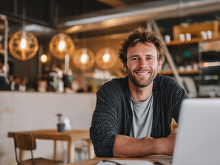 Obraz premium Happy white male employee smiling at the working desk in the office, positive workplace, happy working environment, good work culture, dream job
