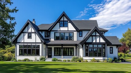 A two-story Tudor-style house with white walls, black timber framing, dark roof, large windows, chimney, manicured lawn, trees, under blue sky with white clouds.