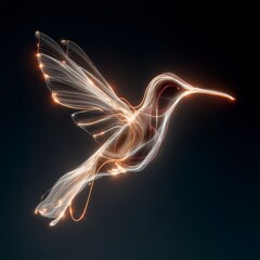Glowing Hummingbird Abstract Art Dark Background, Illuminated Lines, Sparkling Wings