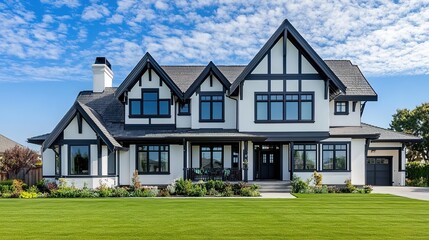 Obraz premium A two-story Tudor-style house with white walls, black timber framing, dark roof, large windows, chimney, manicured lawn, trees, under blue sky with white clouds.