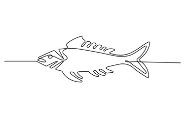 Fish in continuous line art drawing style, Rudd, roach fish, perch, carp, crucian carp continuous line drawing. One line art of  Fresh food concept. Drawing  Vector illustration Continuous line icon o