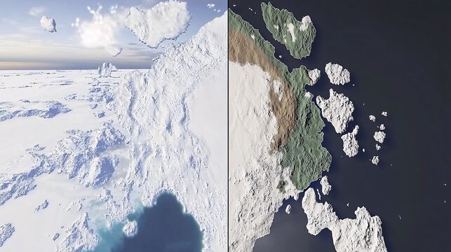 satellite image showing the drastic reduction in ice cover over a polar region, with side-by-side comparisons from different years. The loss is evident and alarming. satellite, ice cover, melting, 