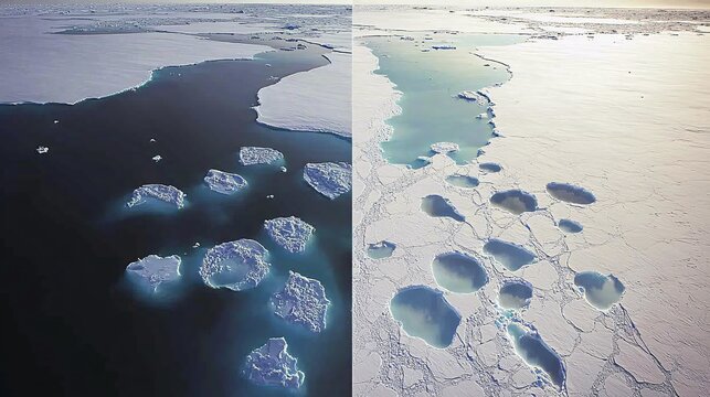 satellite image showing the drastic reduction in ice cover over a polar region, with side-by-side comparisons from different years. The loss is evident and alarming. satellite, ice cover, melting, 