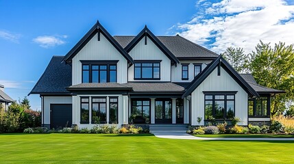 A two-story Tudor-style house with white walls, black timber framing, dark roof, large windows, chimney, manicured lawn, trees, under blue sky with white clouds.