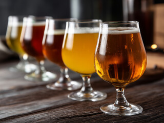 Different types of fresh beer in a row of glass tulip cup on the wooden table, different shade of golden brown colour, different degree of malt roasting, beer tasting