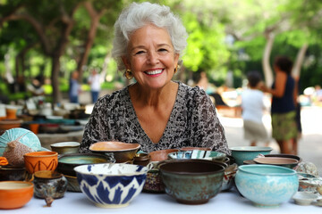 Woman showcases handmade crafts at a vibrant outdoor market on a sunny day in a lively community setting