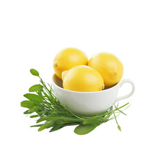 Three Fresh Lemons in a White Cup with Green Sprigs