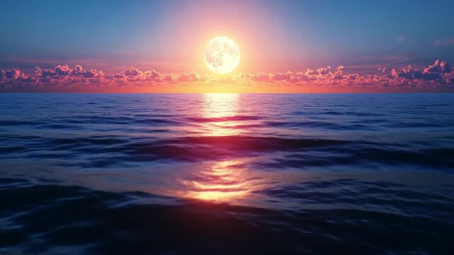 Majestic Moonrise Over Tranquil Ocean: A Serene Sunset Seascape