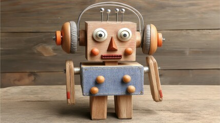 Fototapeta premium Wooden Robot with Headphones Listening to Music