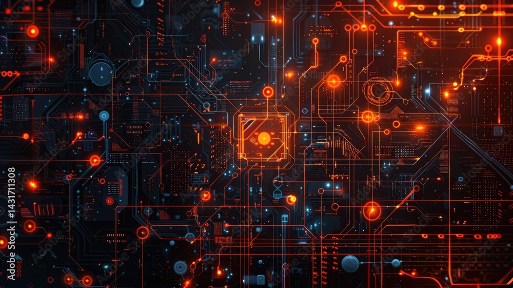 Poster glowing orange circuit board with detailed lines and patterns on a dark background. digital art for 