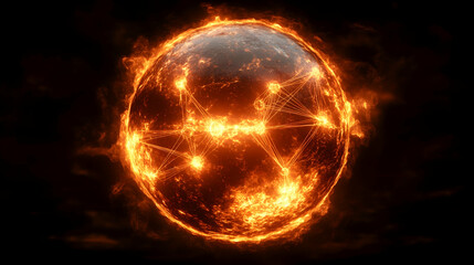 Fiery planet with glowing network