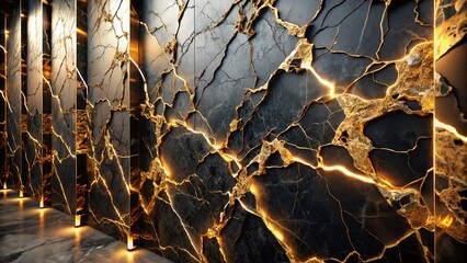 Luxury Black Gold Cracked Marble Wall Texture: Futuristic Wallpaper Background