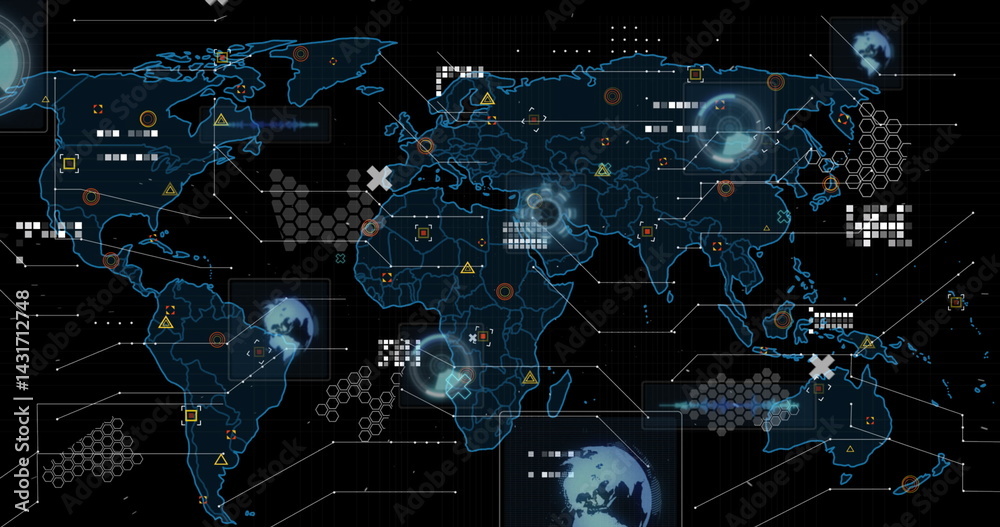Poster image of scopes, markers and data processing over world map