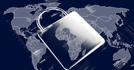 Image of online security padlock and data processing over world map